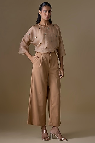 Beige Organza & Double Georgette Co-Ord Set by Kriti Bapna