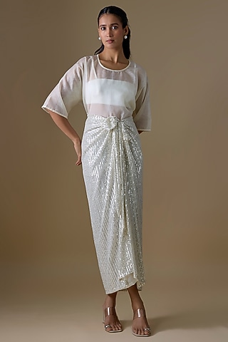 Off-White Stretchable Fabric Sequins Skirt Set by Kriti Bapna