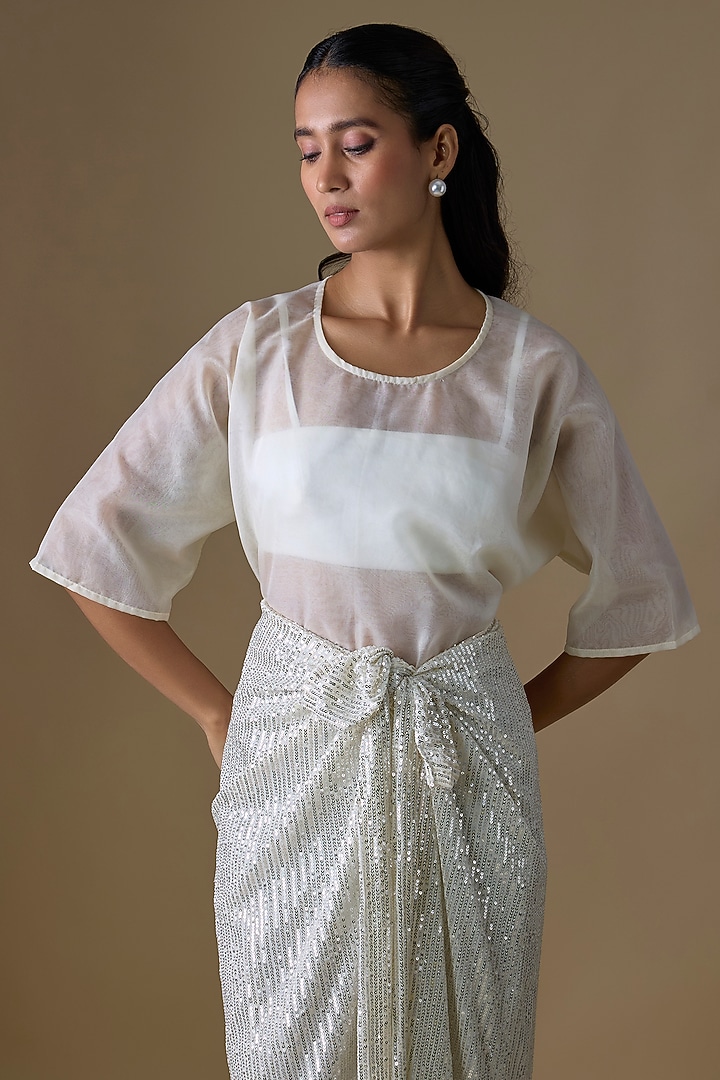 Off-White Stretchable Fabric Sequins Skirt Set by Kriti Bapna at Pernia's Pop Up Shop