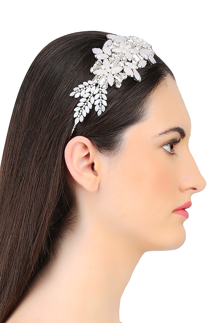 White and Opal Mix Crystal Embellished Headband by Karleo
