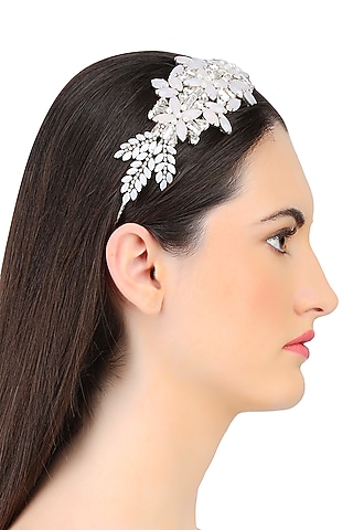 White and Opal Mix Crystal Embellished Headband by Karleo
