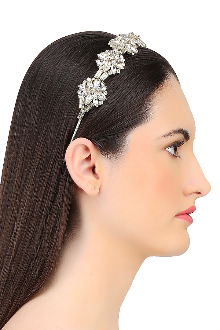 Karleo presents Silver shadow floral crystal embellished headband available only at Pernia's Pop Up Shop.