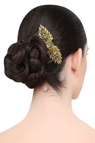 Gold and Khaki Mix Crystal Embellished Haircomb by Karleo