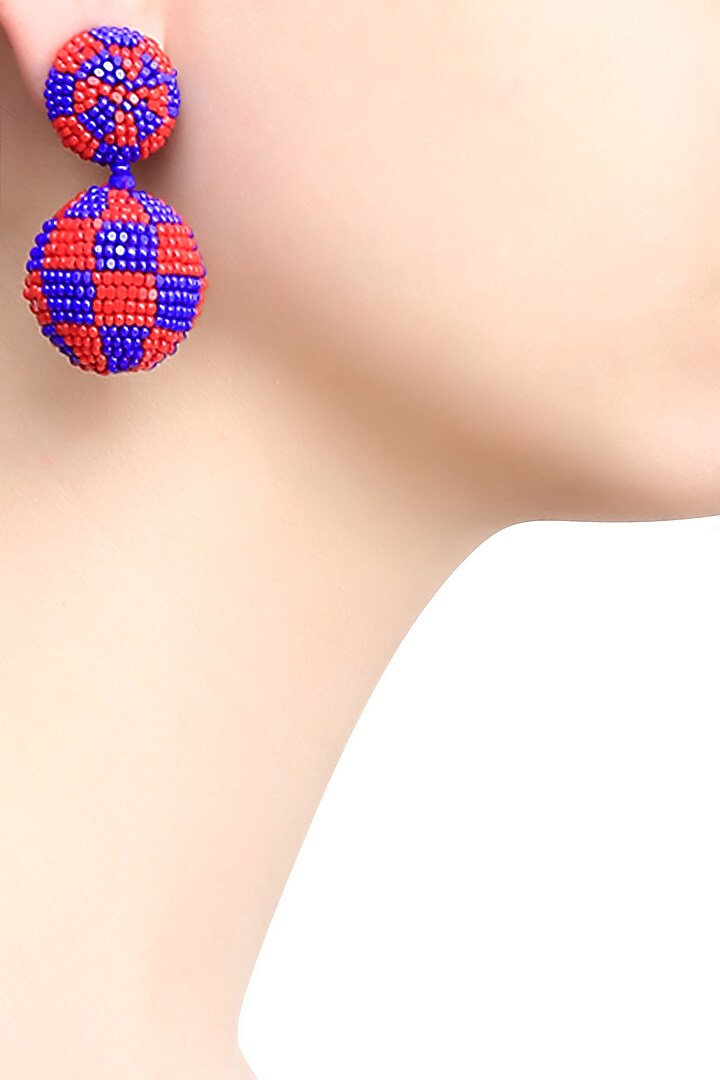 Karleo presents Pink and blue checkered double disc earrings available only at Pernia's Pop Up Shop.