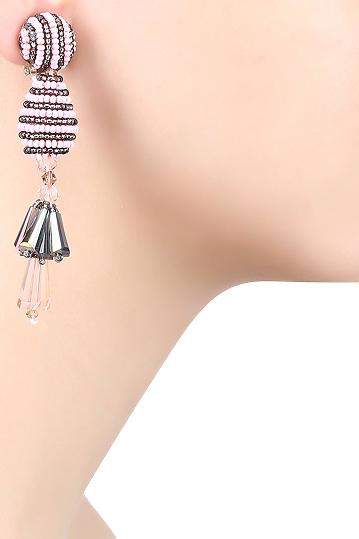 Pink and Black Beaded Bell Motif Earrings by Karleo