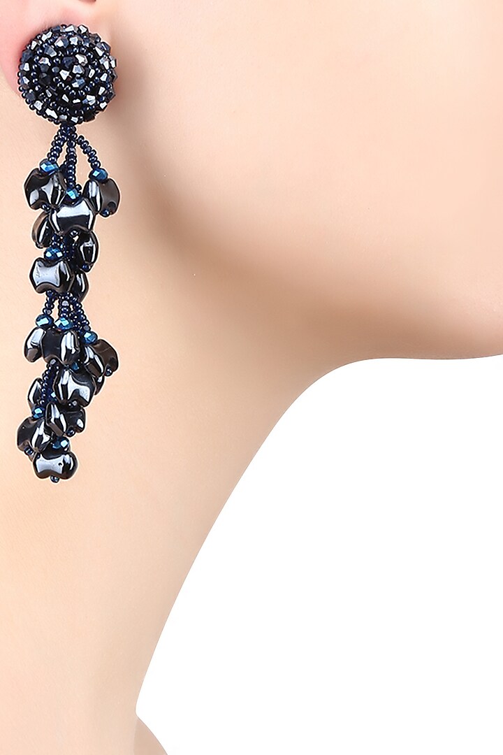 Metallic Blue Waterdrop Tassel Earrings by Karleo