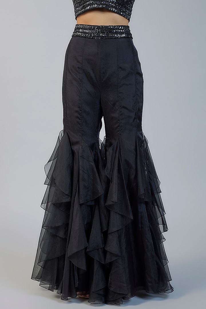 Black Organza & Raw Silk Sequins Embroidered Cape Set by Kresha Lulla at Pernia's Pop Up Shop