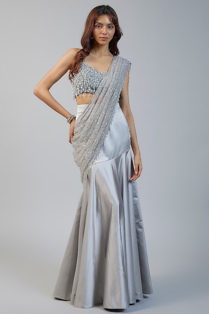 Silver Satin Sequins Embroidered Saree Set by Kresha Lulla at Pernia's Pop Up Shop