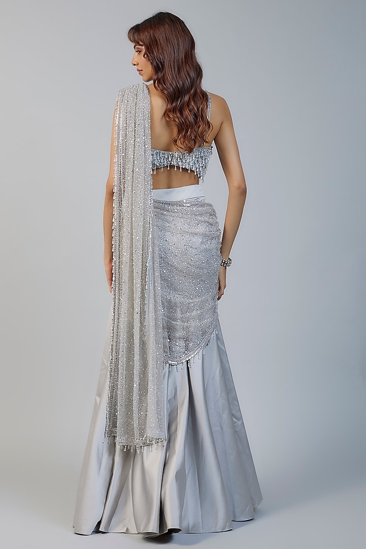 Silver Satin Sequins Embroidered Reception Saree Set by Kresha Lulla at Pernia's Pop Up Shop
