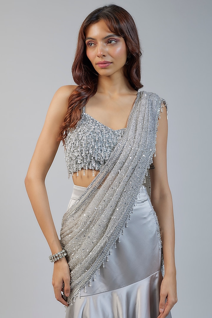Silver Satin Sequins Embroidered Reception Saree Set by Kresha Lulla at Pernia's Pop Up Shop