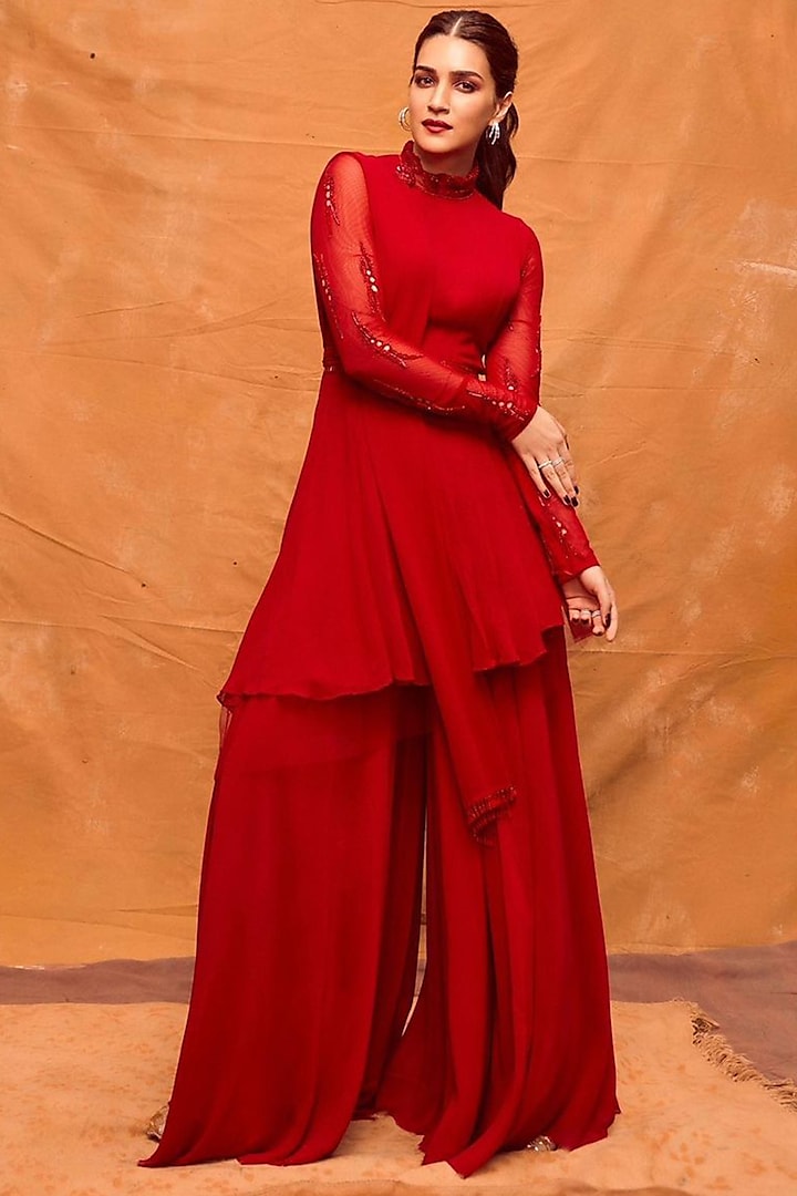 Red Embroidered Palazzo Pant Set by Mahima Mahajan