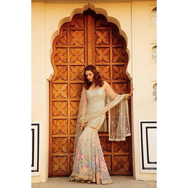 Mint Green Embroidered Bridal Sharara Set by Seema Gujral at Pernia's Pop Up Shop