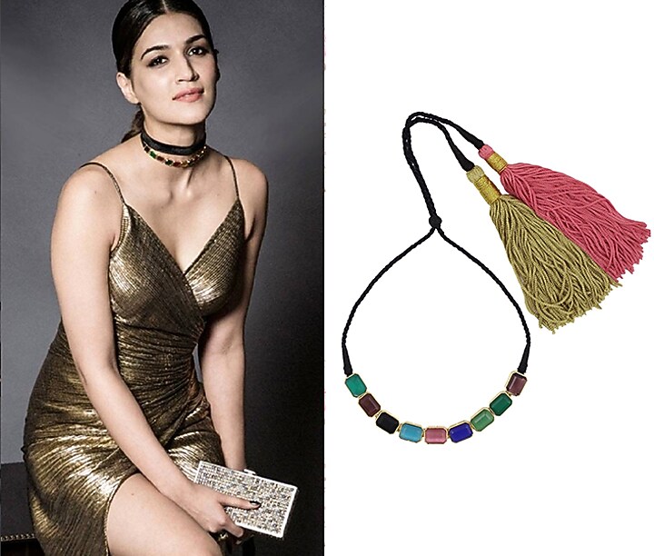 Valliyan by Nitya Arora presents Blue, pink, green, black and brown semi precious stone black thread necklace available only at Pernia's Pop Up Shop.