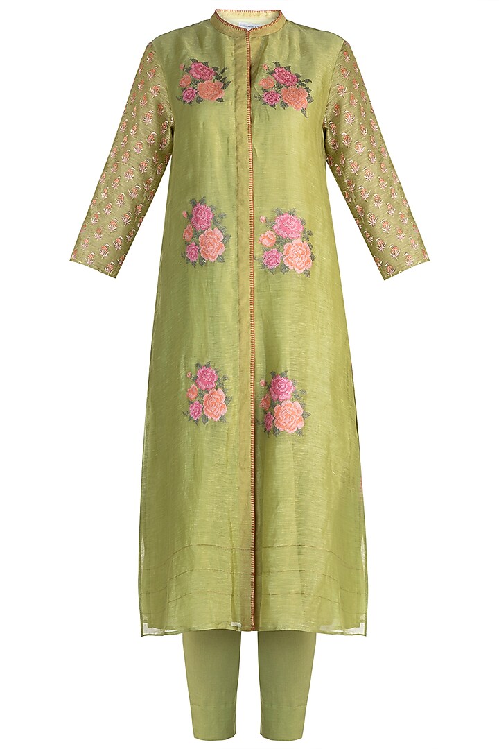 Lime Green Embroidered Tunic Set by Krishna Mehta