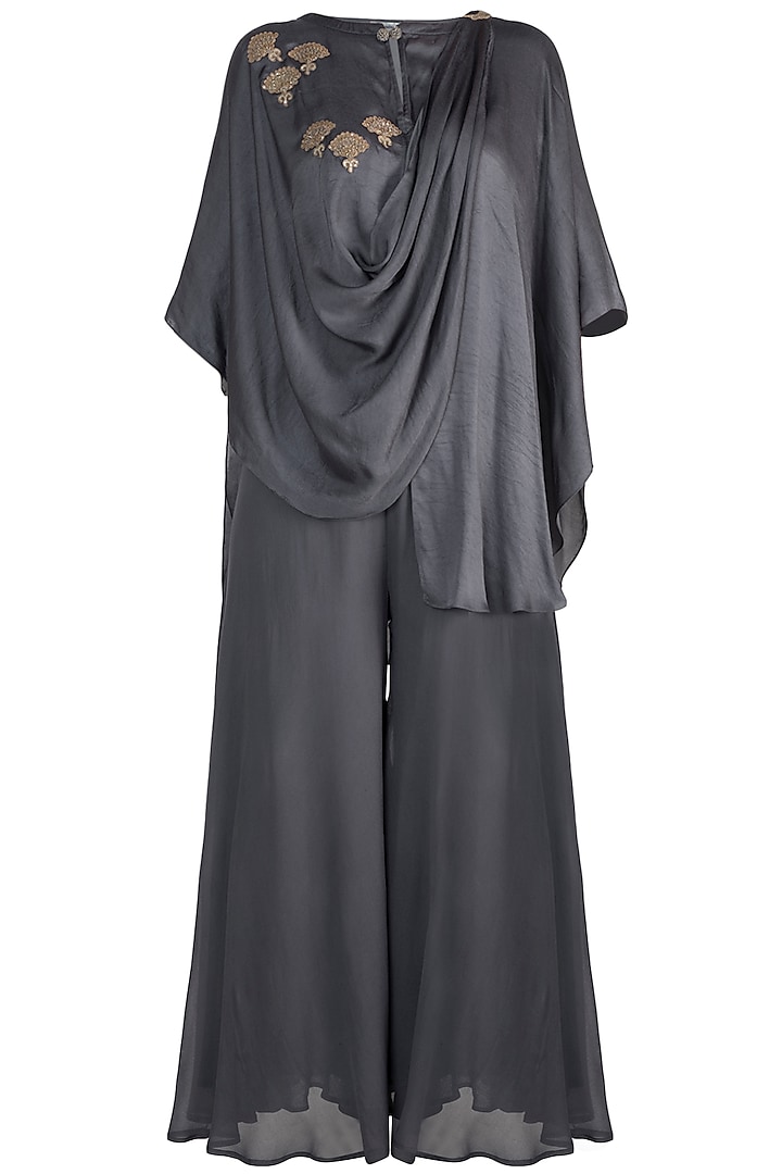 Dark Grey Embroidered Top WIth Palazzo Pants by Krishna Mehta