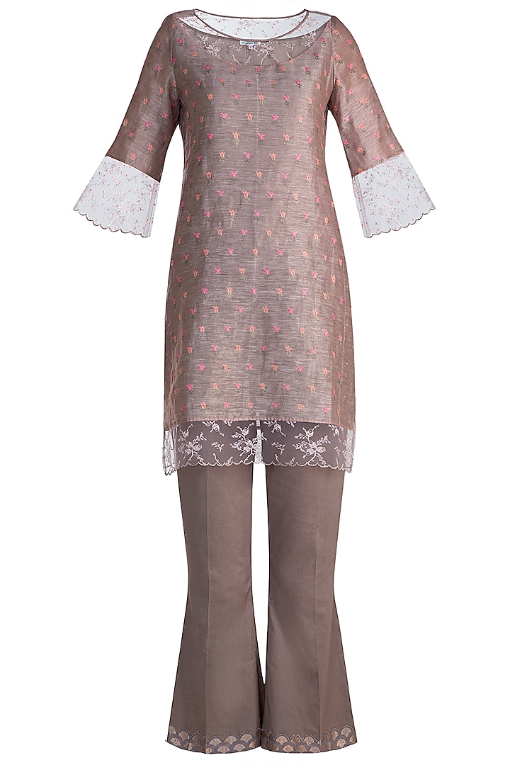 Brown Embroidered Tunic Set by Krishna Mehta