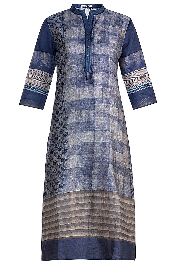 Blue Embellished Printed Silk Tunic by Krishna Mehta