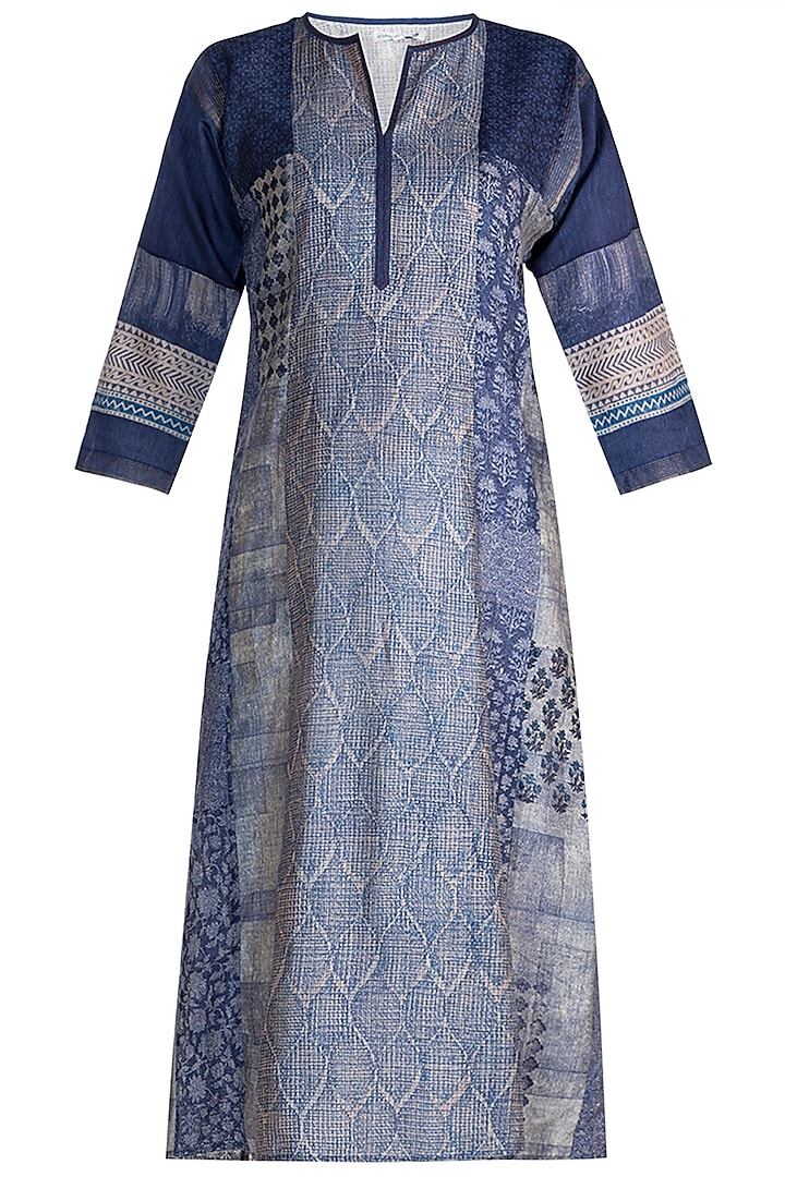 Blue Printed Embellished Silk Tunic by Krishna Mehta
