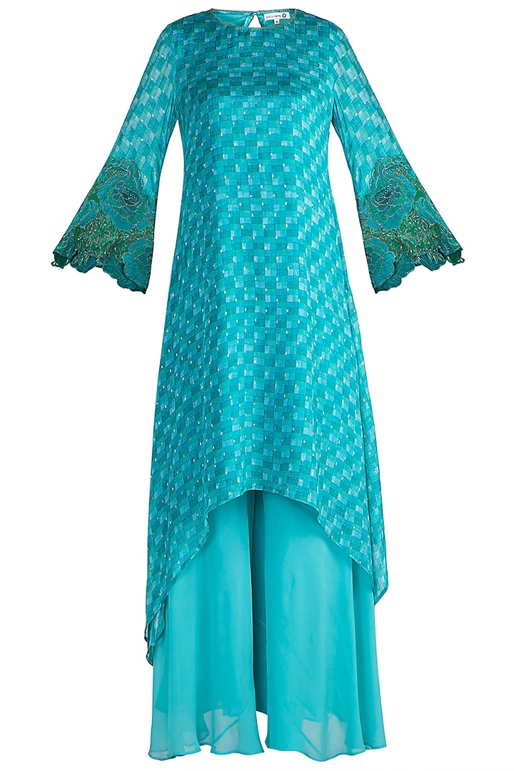 Blue Printed & Embroidered Tunic With Palazzo Pants by Krishna Mehta