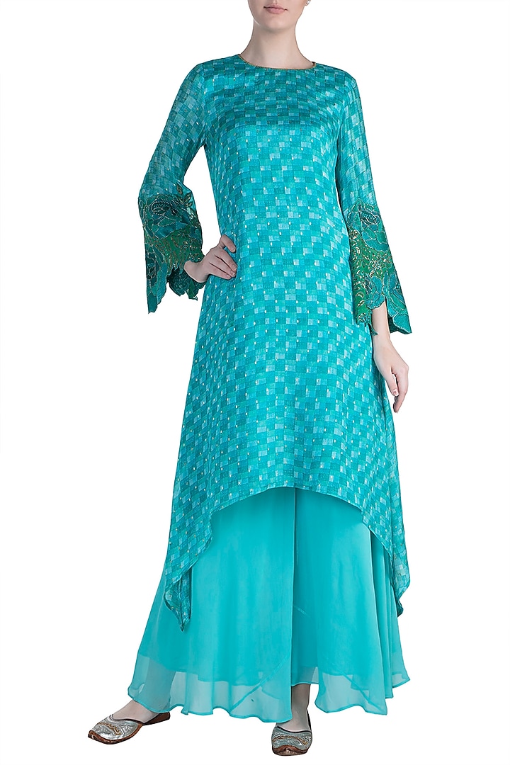 Blue Printed & Embroidered Tunic With Palazzo Pants by Krishna Mehta at Pernia's Pop Up Shop