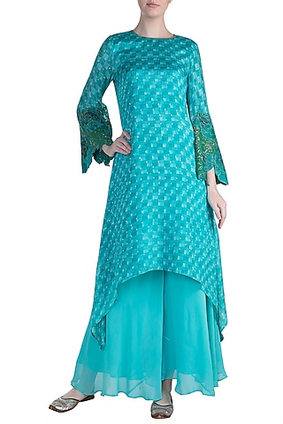 Blue Printed & Embroidered Tunic With Palazzo Pants by Krishna Mehta