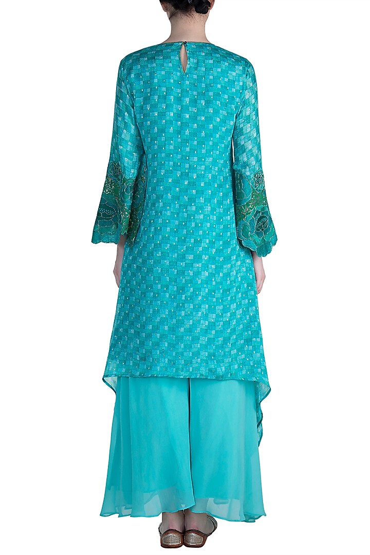 Blue Printed & Embroidered Tunic With Palazzo Pants by Krishna Mehta at Pernia's Pop Up Shop