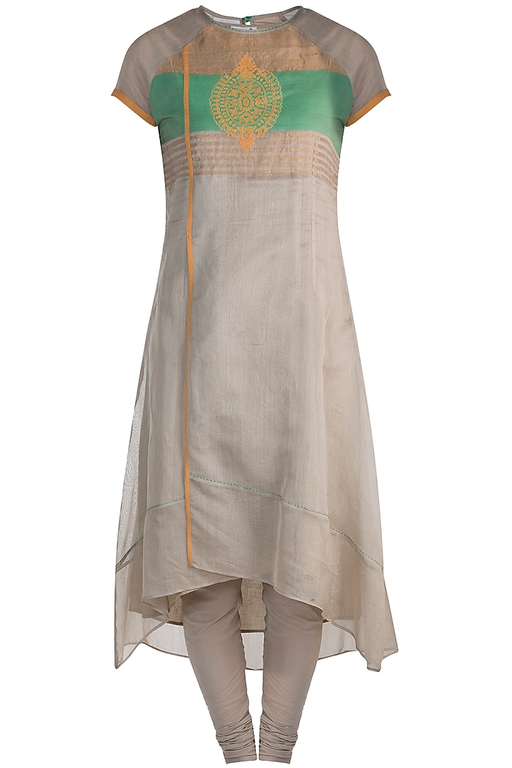 Dark Beige Embroidered Printed Kurta Set by Krishna Mehta at Pernia's Pop Up Shop