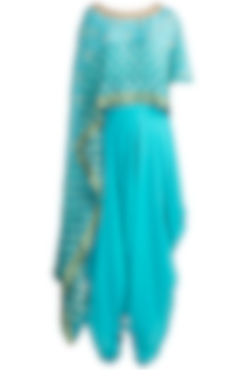 Sky Blue Embroidered Draped Top With Dhoti Pants by Krishna Mehta