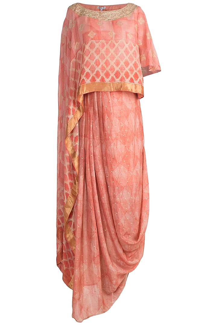 Orange Embroidered Drape Top With Skirt by Krishna Mehta