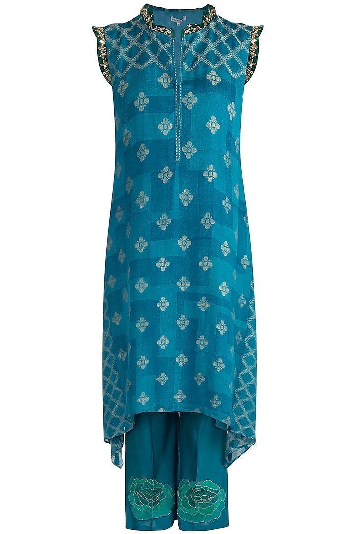 Turquoise Embroidered Printed Tunic With Pants by Krishna Mehta