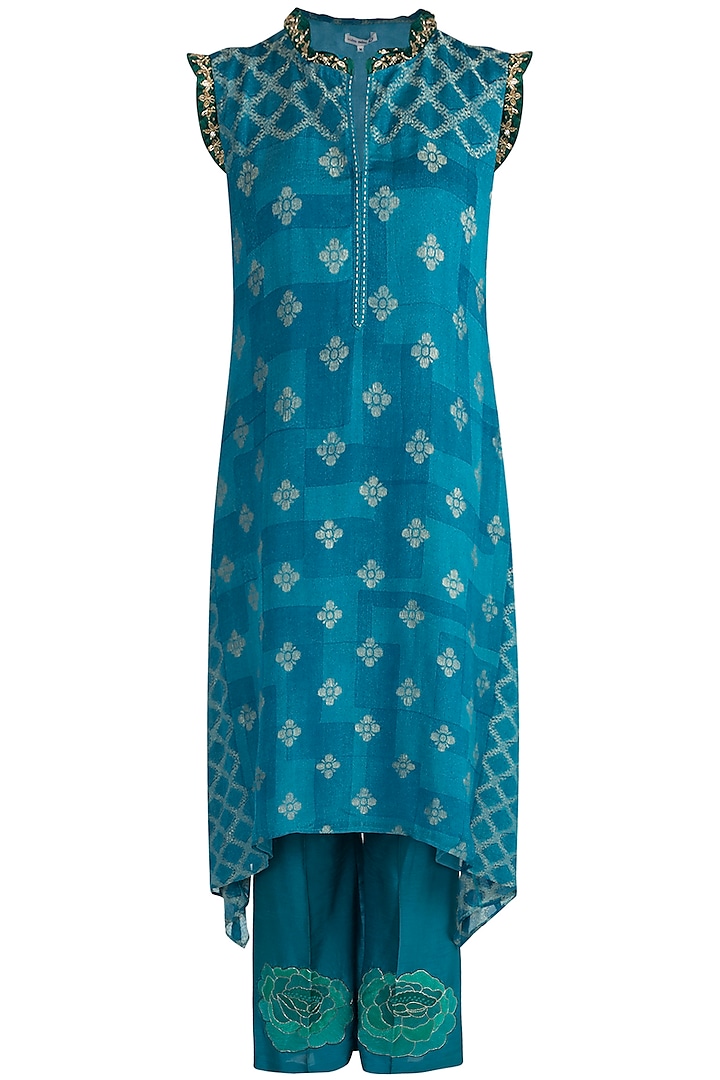 Turquoise Embroidered Printed Tunic With Pants by Krishna Mehta at Pernia's Pop Up Shop