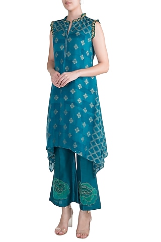 Turquoise Embroidered Printed Tunic With Pants by Krishna Mehta