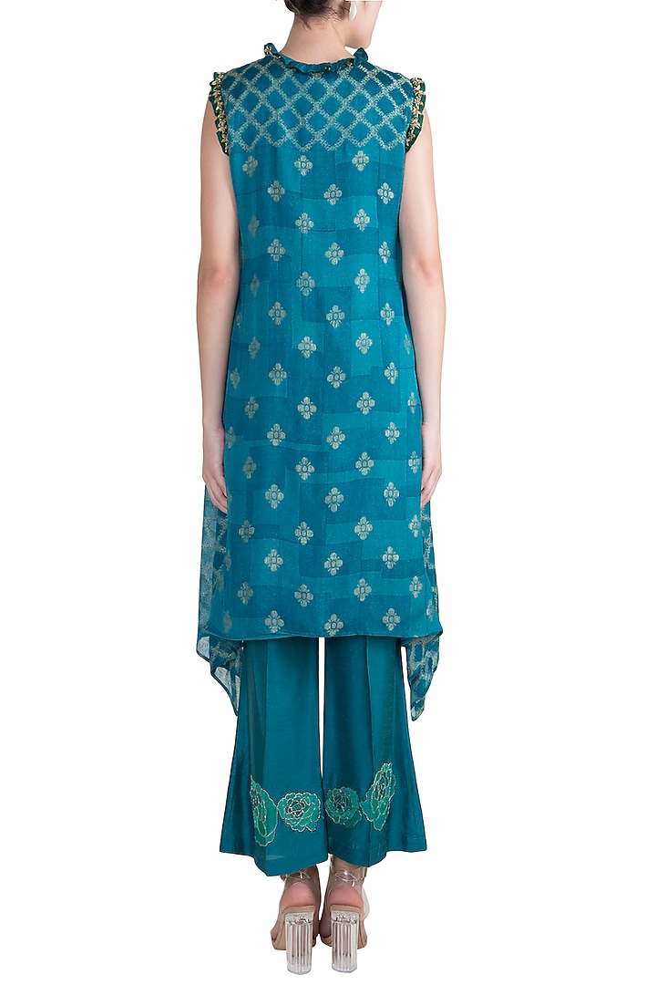 Turquoise Embroidered Printed Tunic With Pants by Krishna Mehta at Pernia's Pop Up Shop