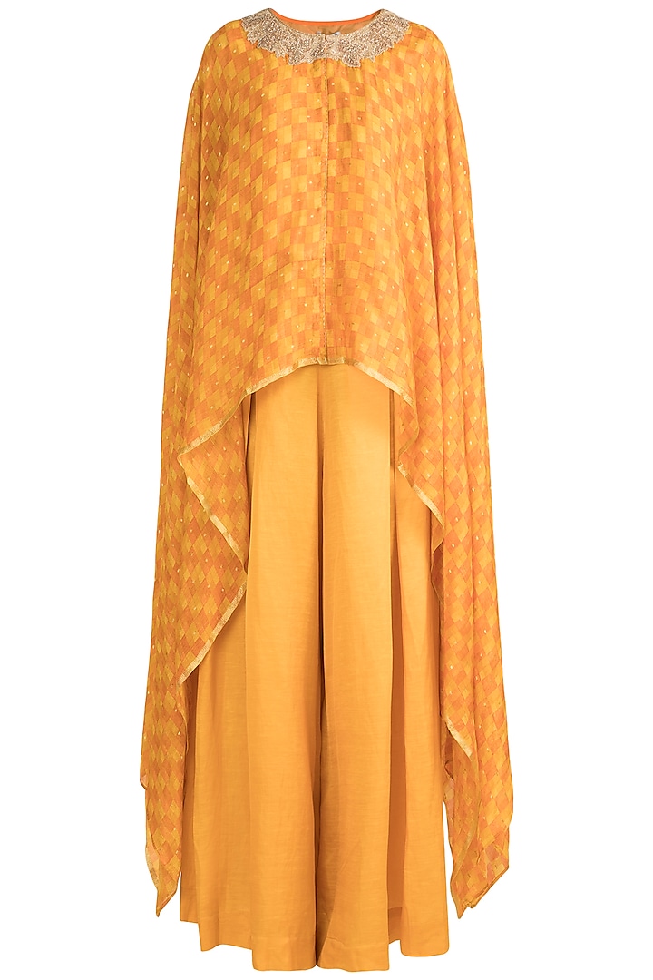 Yellow Embroidered Draped Top With Pants by Krishna Mehta
