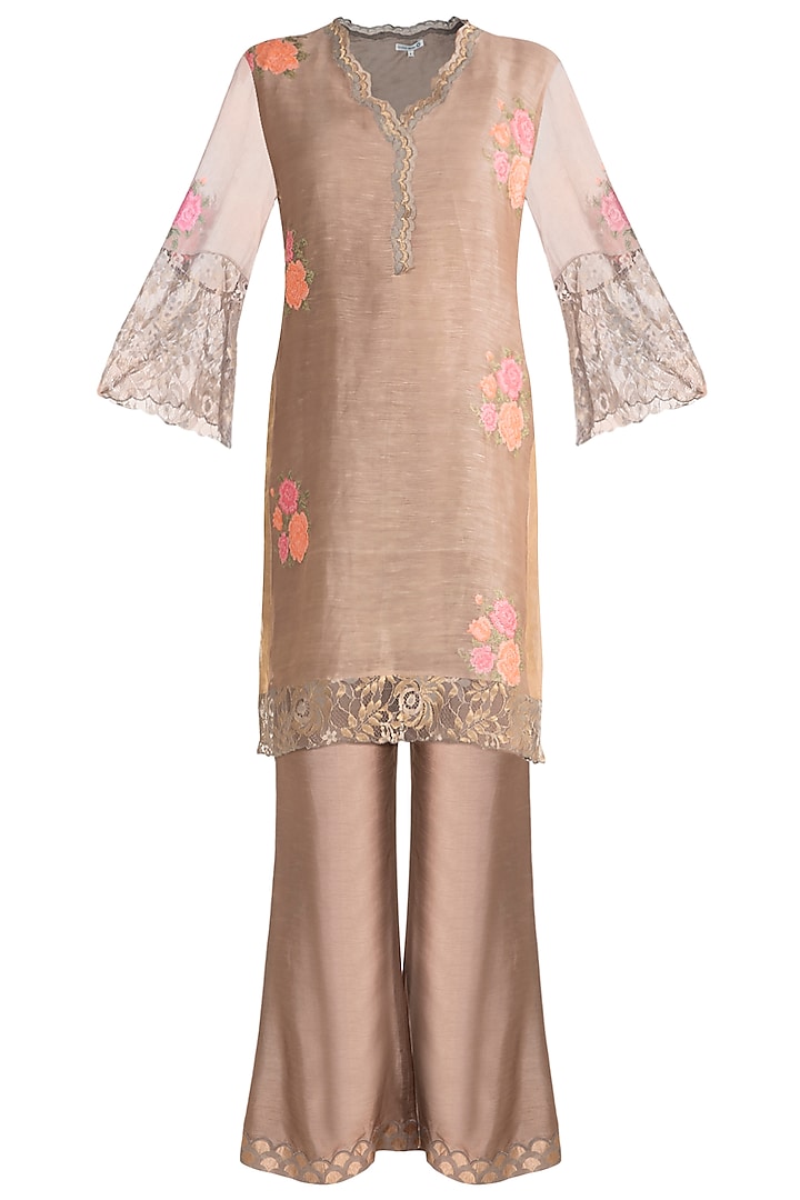 Taupe Embroidered Tunic Set by Krishna Mehta