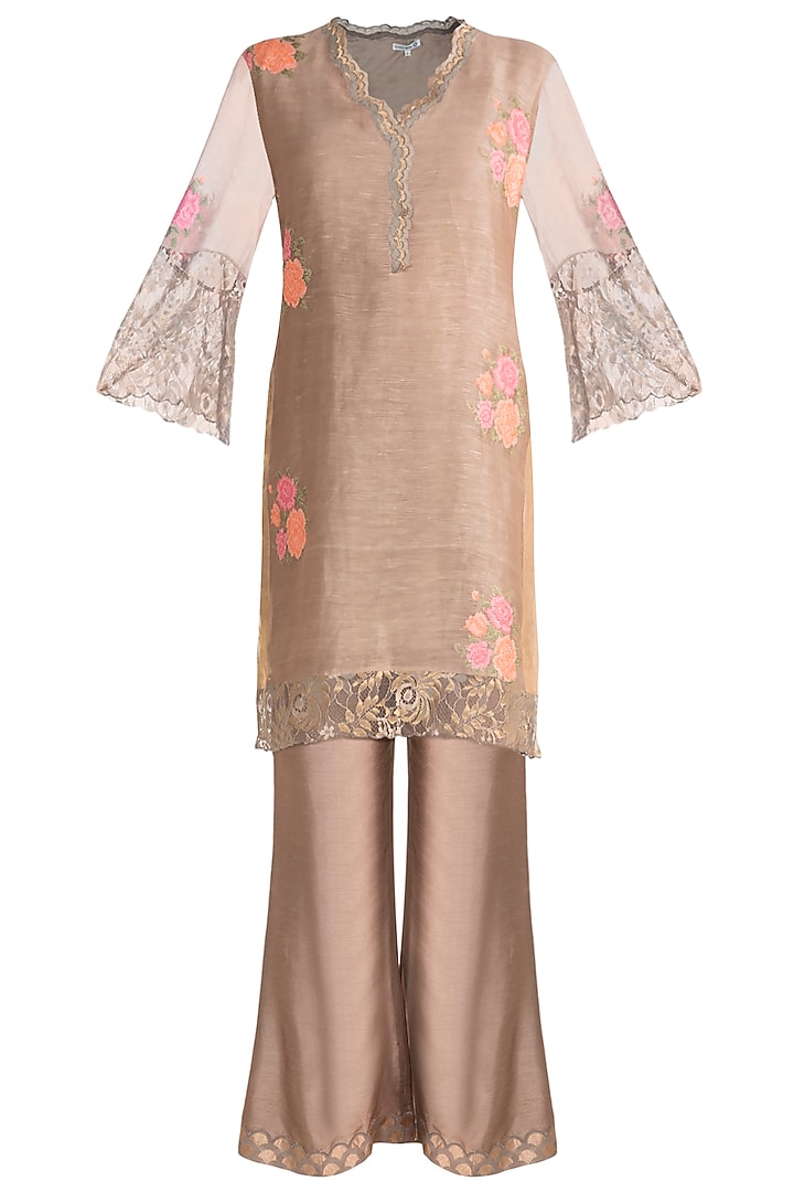 Taupe Embroidered Tunic Set by Krishna Mehta at Pernia's Pop Up Shop