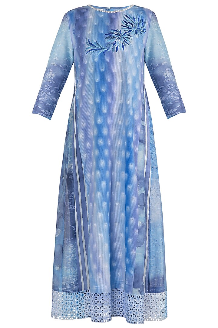 Blue & Purple Embroidered Printed Tunic by Krishna Mehta