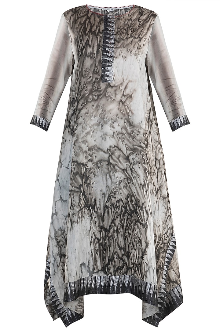 Grey & Dark Brown Marble Dye Printed Tunic by Krishna Mehta at Pernia's Pop Up Shop