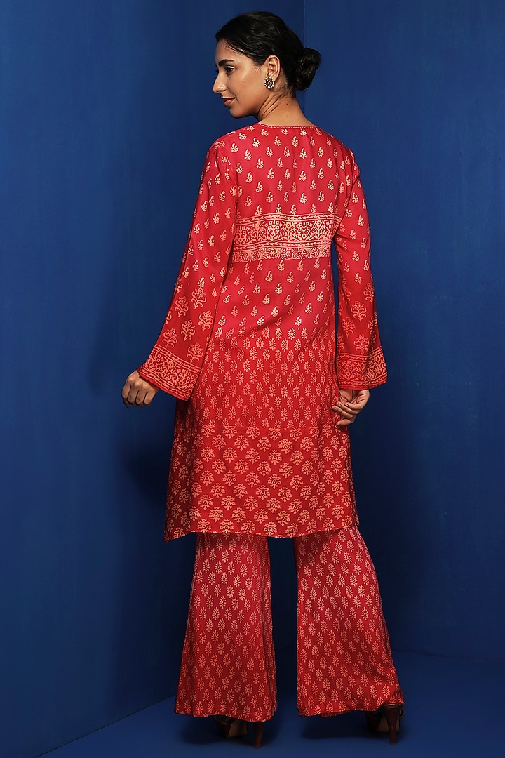 Red Modal Block Printed Ombre Asymmetric Tunic Set by Krishna Mehta at Pernia's Pop Up Shop