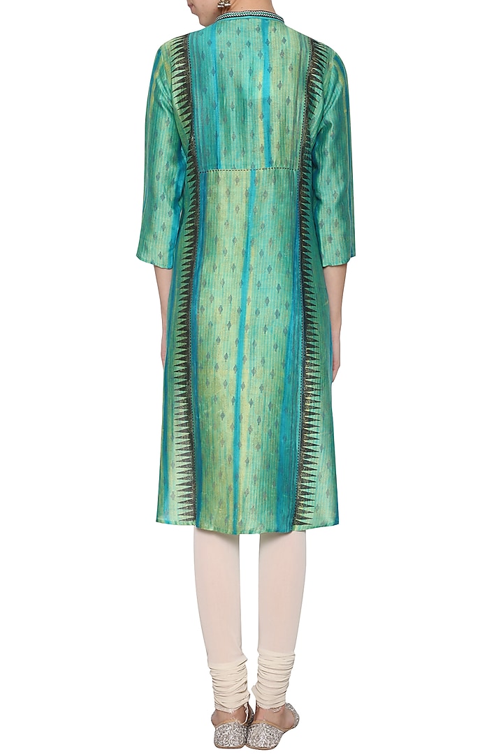 Turquoise textured embroidered tunic by KRISHNA MEHTA