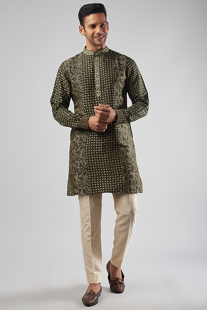 Green Tussar Zardosi Hand Embroidered Kurta Set by Krishna Mehta Men at Pernia's Pop Up Shop