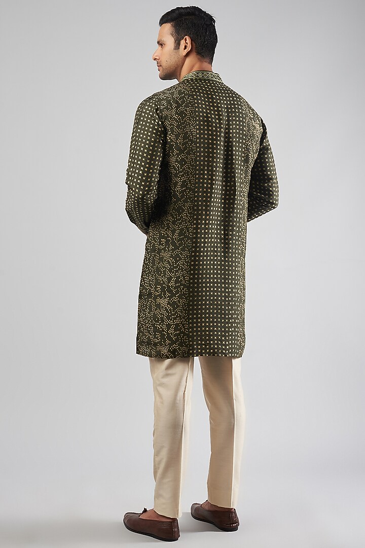 Green Tussar Zardosi Hand Embroidered Kurta Set by Krishna Mehta Men at Pernia's Pop Up Shop