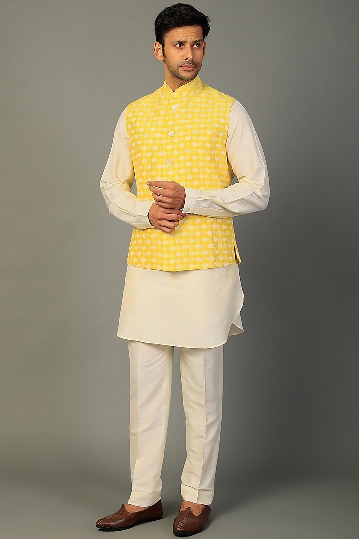 Yellow Bundi Jacket With Kurta Set by Krishna Mehta Men