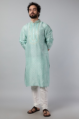 Green Tussar Geometric Block Printed Kurta Set by Krishna Mehta Men