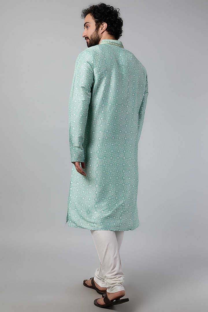 Green Tussar Geometric Block Printed Kurta Set by Krishna Mehta Men at Pernia's Pop Up Shop