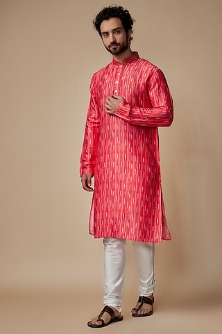 Red Tussar Digital Printed Kurta Set by Krishna Mehta Men