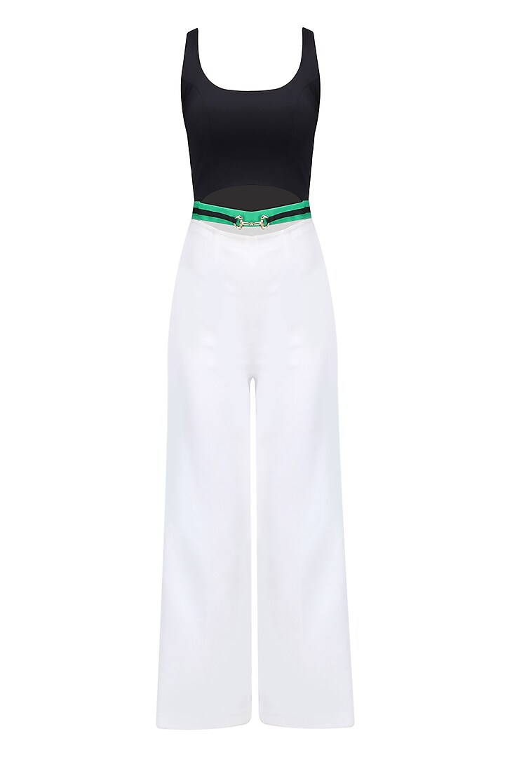 White and Black Ankle Length Belted Jumpsuit by Karn Malhotra