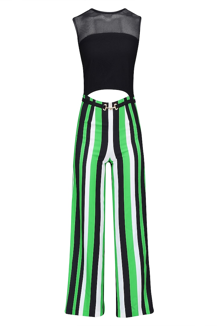 White, Black and Green Striped Ankle Length Jumpsuit by Karn Malhotra