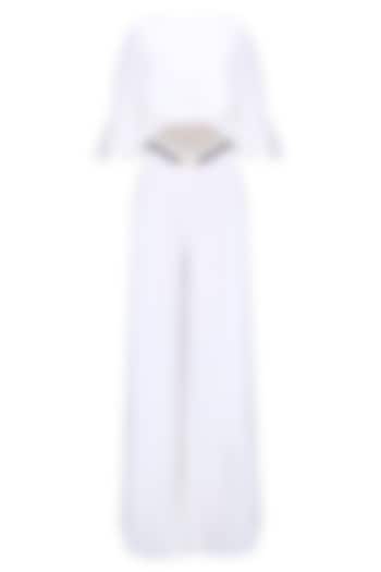 White and Gold Buckle Belt Cape Jumpsuit by Karn Malhotra