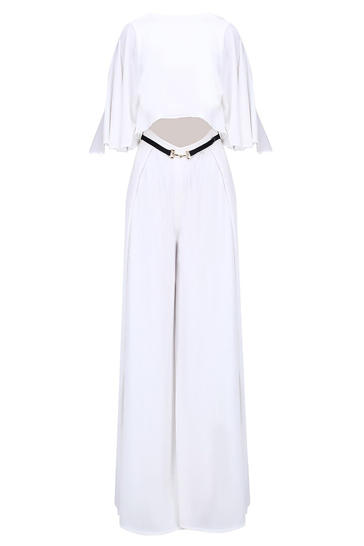 White and Gold Buckle Belt Cape Jumpsuit by Karn Malhotra